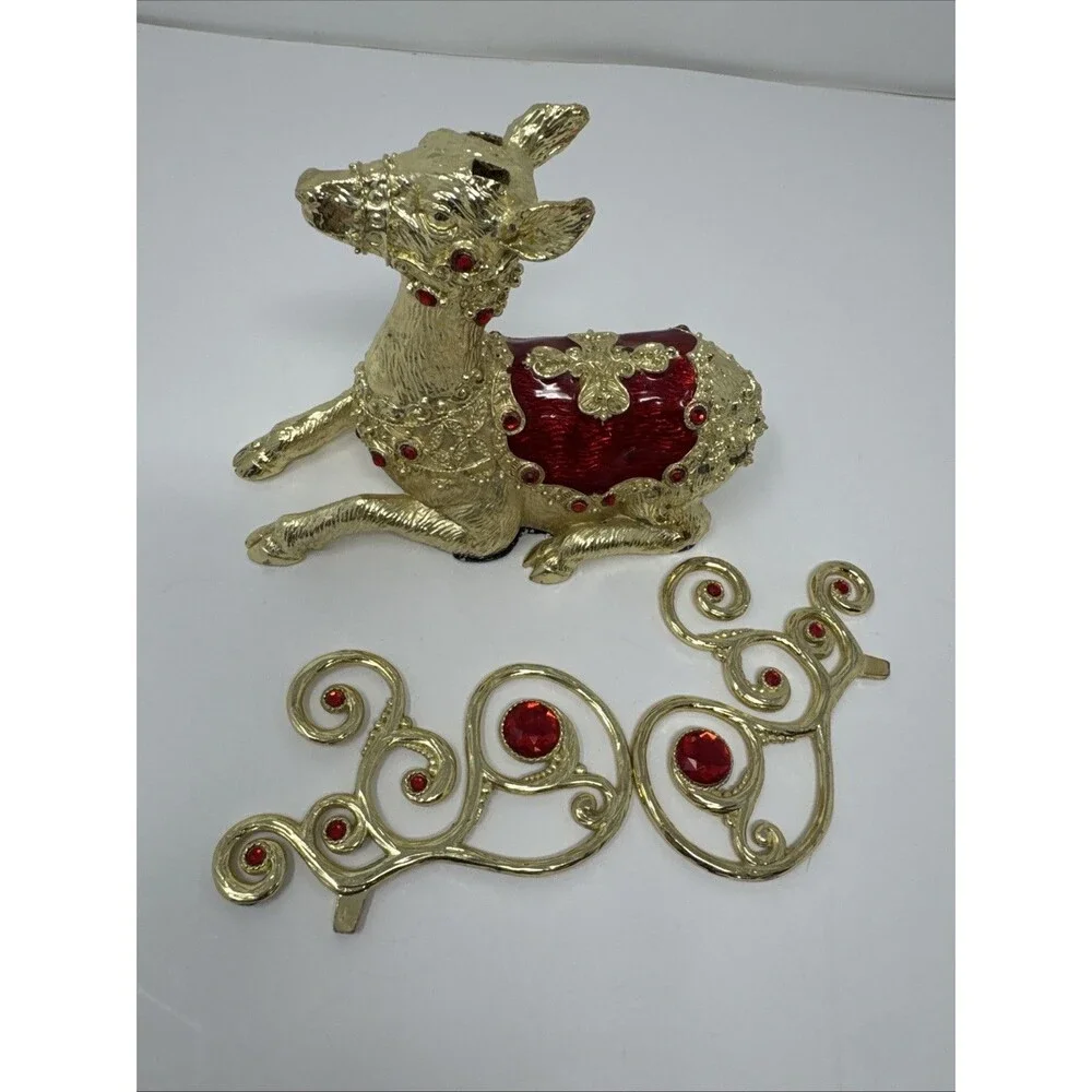 Vintage Dillard's Trimmings Collection Pewter Christmas Deer Jewels Red Gold